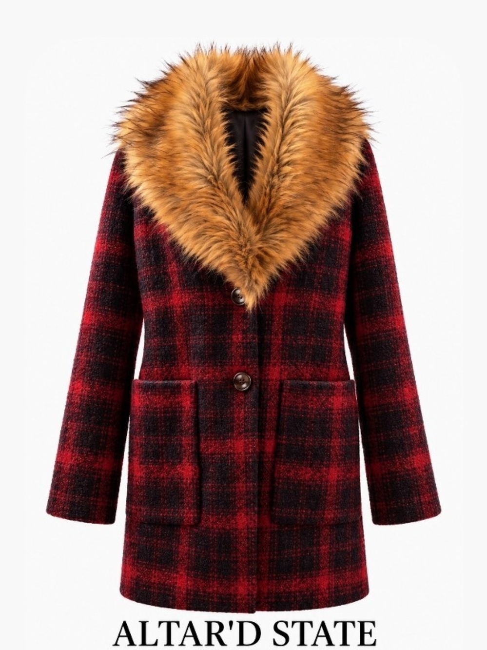 Altar'd State Plaid Peacoat Faux Fur Winter Coat Holiday Preppy Cabin Core